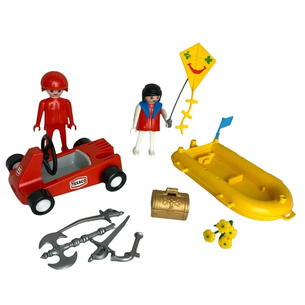 Playmobil Vintage Lot Race Car Driver Boat People Kite Flowers Weapons‎ Treasure